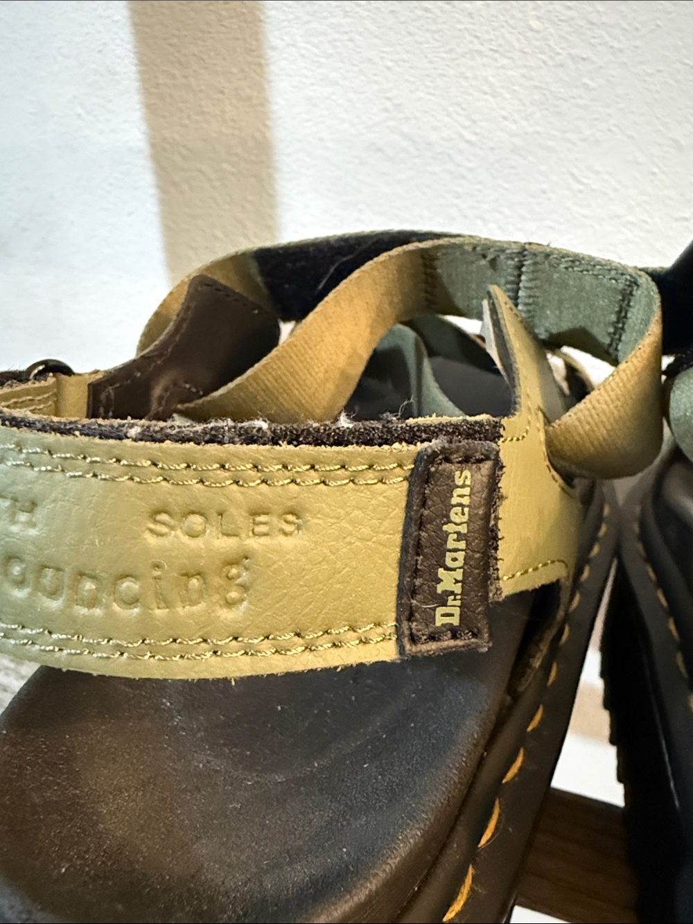 Dr. Martens Olive Strappy Platform Sandals with Yellow Stitching - Picture 4 of 12